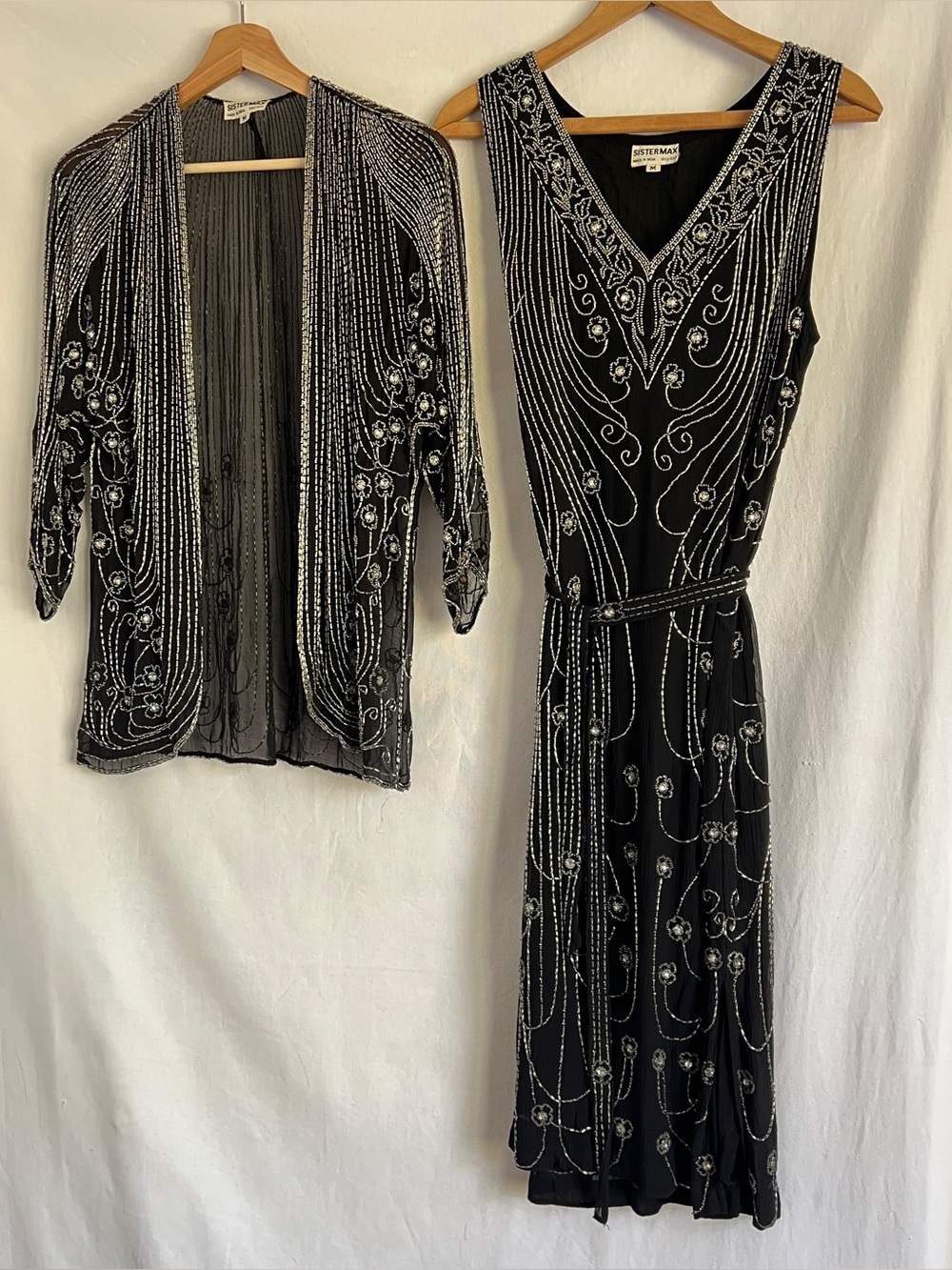 VTG Art Deco beaded silk set- midi sheath dress, sheer jacket, belt 3pc RARE Set